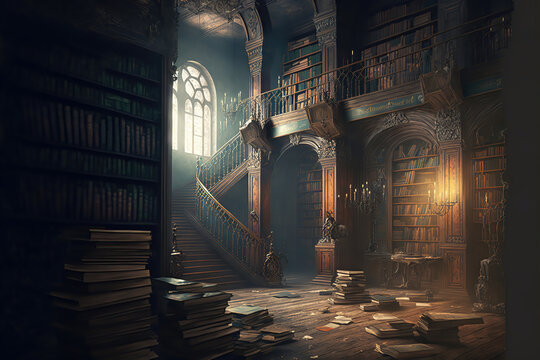 AI generated image of an old ornate but abandoned library, now dusty with scattered books 
