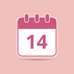 Pink calendar flat icon for meetings and important dates, date set day 14.