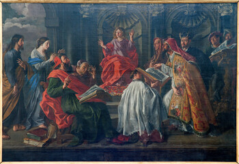 BRUSSELS - JUNE 21: Paint of scene as Jesus Christ at age 12 teaching in the temple from st....