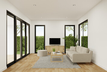 Living room with sofa and carpet on wooden floor. 3d rendering of residential building interior.