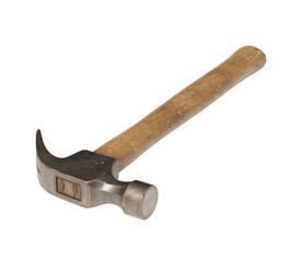 Lying hammer with a wooden handle against a white background with clipping path