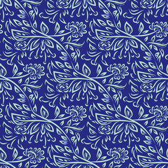 Modern vector horizontal damask style leaf or petal seamless vector pattern. Blue background with hand drawn leaves or petals. Classic ornamental, dense geometric repeat. Floral baroque repeat.