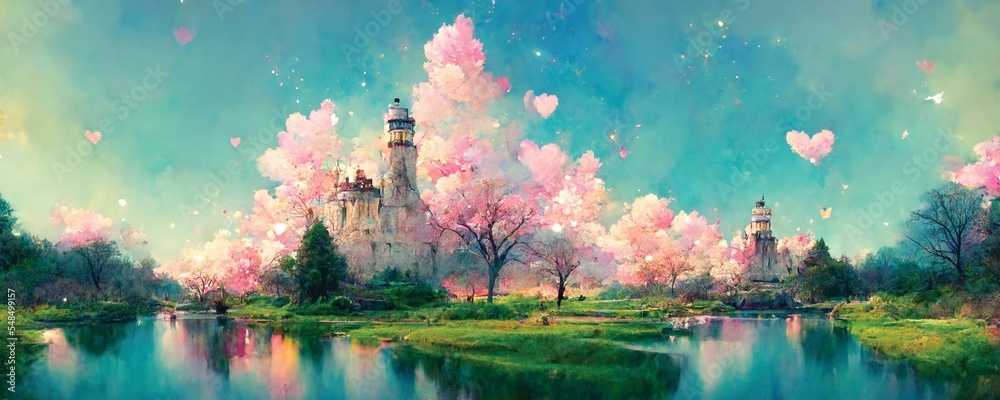 Wall mural spring paradise landscape on the river, fantasy wallpaper with pink hearts