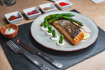 Grilled salmon with green asparagus