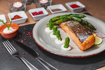 Grilled salmon with green asparagus