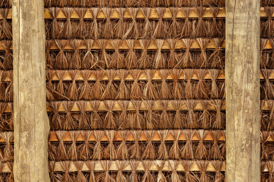 Structure of a roof with piassava, seen from the bottom up, showing its wooden structure and the braiding of straw.
