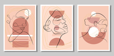 A set of three paintings. An abstract figure. Minimalistic vector posters: portrait of a woman, circles, squares, branches, abstraction. For postcards, posters, posters, brochures, cover design.