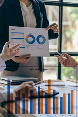 Credit finance business team explain business report from data analysis or bank marketing for loan,...