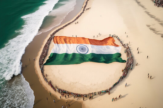 AI Generated Image Of Aerial View Of A Group Of People Unfurling A Very Large Flag Of India At A Beach, On The Occasion Of Independence Or Republic Day