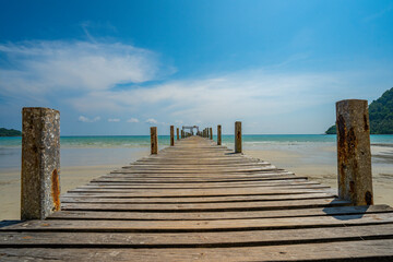 Wooden bridge over the sea. Travel and Vacation. Freedom Concept. Kood island in Trad province, Thailand