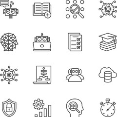 AI Artificial Intelligence technology and Machine Learning Icons, Vector thin line icons set.