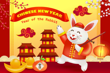 Chinese New Year, Year of the Rabbit. 3d illustration of a rabbit carrying a lantern with floral ornament, gold bars, oranges and house background