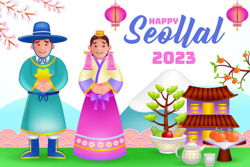 Happy Seollal 2023, 3d illustration of cute Korean man and woman with orange tree ornament and mountains background