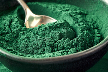 Spirulina algae powder in a bowl, closeup