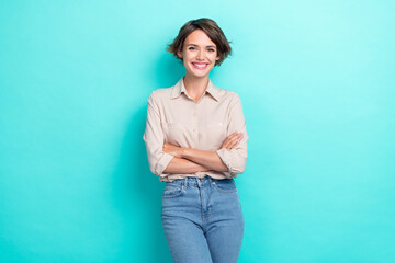 Photo of charming successful pretty girl employer wear smart casual outfit crossed hands career...