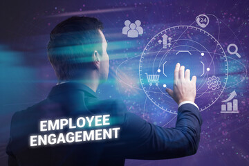 Business, technology, internet and network concept. Young businessman thinks over the steps for successful growth: Employee engagement