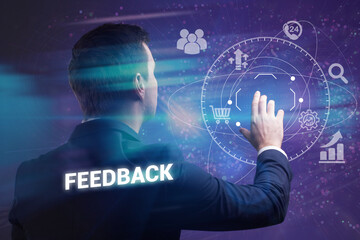 Business, technology, internet and network concept. Young businessman thinks over the steps for successful growth: Feedback
