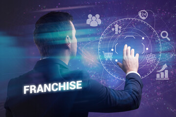 Business, technology, internet and network concept. Young businessman thinks over the steps for successful growth: Franchise