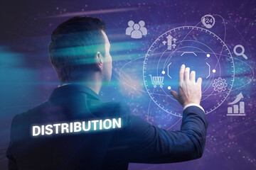 Business, technology, internet and network concept. Young businessman thinks over the steps for successful growth: Distribution