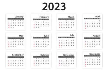 Classic monthly calendar for 2023. The week starts on Sunday. Vector design isolated on white background