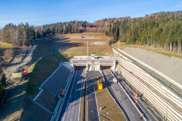 Newly opened tunnel on Zakopianka highway in Poland in November 2022. The tunnel is over 2 km long and makes travel from Krakow to Zakopane, Podhale region and Slovakia much faster - 548504918