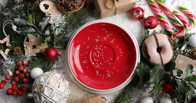 Christmas table setting. Holiday concept, rotate, top view. Christmas and New Year holidays mood