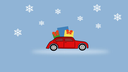 red Christmas car with gifts and snowflakes in the winter background