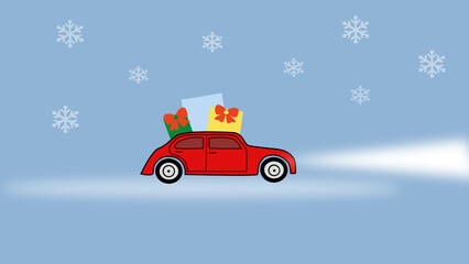 red Christmas car with gifts and snowflakes in the winter background