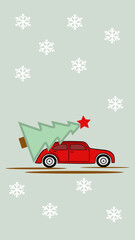 red Christmas car with a Christmas tree and snowflakes in the winter background