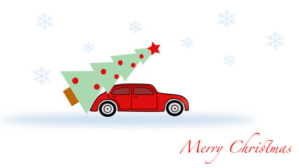 red Christmas car with a Christmas tree and snowflakes in the white background
