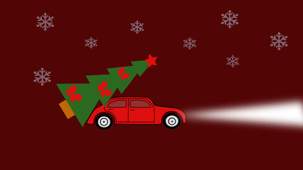 red Christmas car with a Christmas tree snowflakes in the red background