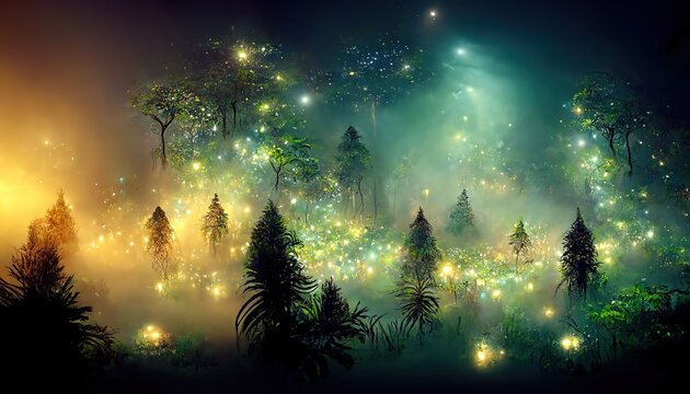 Tropical and exotic night forest,Fairytale forest with mystical magic lights. Living greenery of the forest.Unreal world. .background,environment,future imagine.