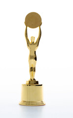 Golden statuette of a man on white background