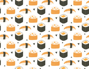 Sushi with fish. Seamless pattern in vector. Geometric figures. Orange color. Asian cuisine