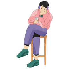 Fototapeta premium Man Listening to Podcast Color 2D Illustration