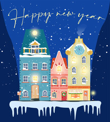 Fototapeta premium happy new year greeting card cute houses colorful illustration vector illustration