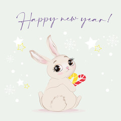 Obraz na płótnie Canvas beautiful cute bunny sitting with candy cane bunny with cute eyes vector illustration