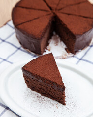 A slice of classic soft and rich chocolate cake