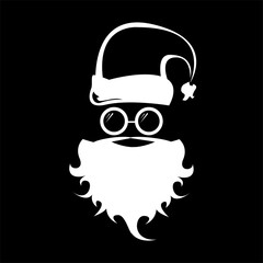 Vector white silhouette of Santa Claus isolated on black background. Santa Claus badge and label design template. Funky christmas old man character with beard and mustache