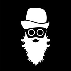 Vector white silhouette of Santa Claus isolated on black background. Santa Claus badge and label design template. Funky christmas old man character with beard and mustache