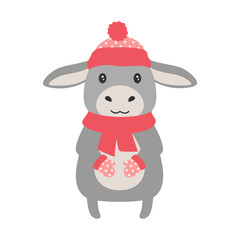 cartoon winter illustration of donkey isolated on white