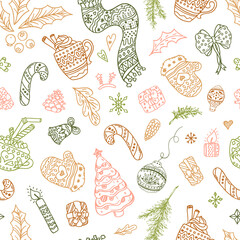 Seamless christmas pattern in doodle style. Repeat ornament background with winter items. Hand drawn decor