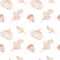 Fototapeta na wymiar Seamless pattern with pumpkin, berry, acorn. Autumn background. Vector outline illustration.
