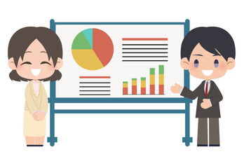 グラフの書かれたホワイトボードの横に立つスーツ姿のビジネス男女のイラスト素材