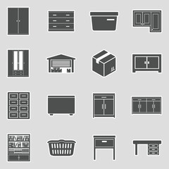 Home Storage Icons. Sticker Design. Vector Illustration.