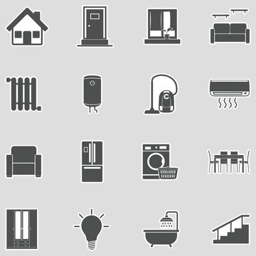 Household Icons. Sticker Design. Vector Illustration.