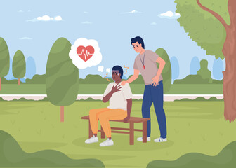 Sportsman with heart attack in park flat color vector illustration. Trainer caring for sick student. Pain in chest. Fully editable 2D simple cartoon characters with landscape on background