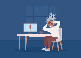 Man with panic attack at computer flat color vector illustration. Terrifying news on internet. Fully editable 2D simple cartoon character with dark room on background. Chewy Regular font used