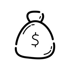 Money bag doodle icon. Hand drawn symbol. Vector illustration.