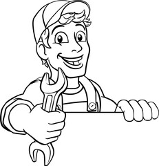 Fototapeta premium Mechanic Plumber Wrench Spanner Cartoon Handyman